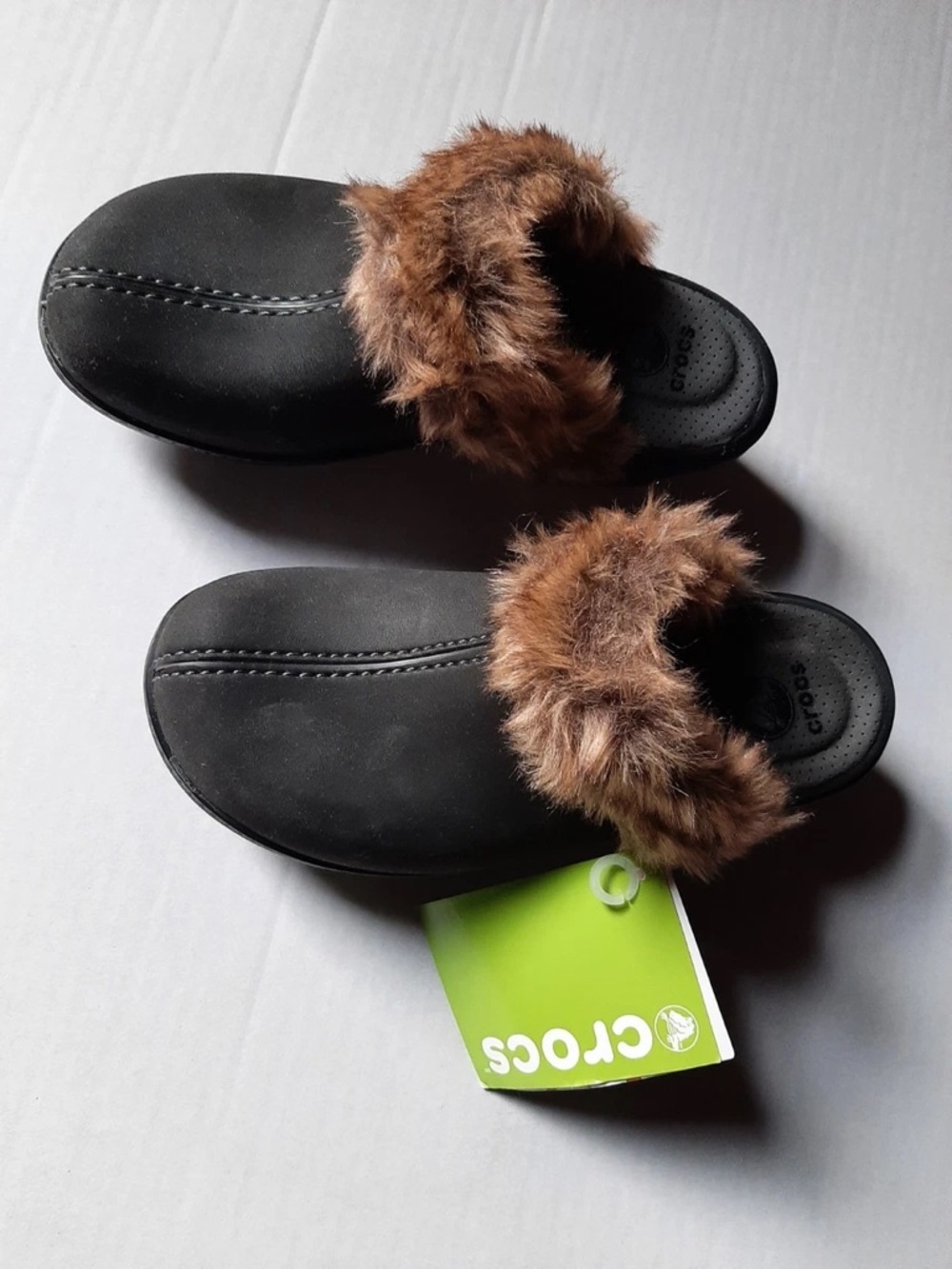 CROCS Black Slip-On Mules with Brown Faux Fur Trim
